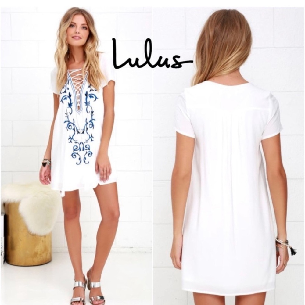 Lulu's White and Blue Mini Dress